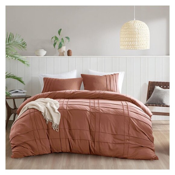 NEW 510 Design Soft Wash Pleated 3-Piece Duvet Cover Set Clay Orange Queen - Picture 1 of 7